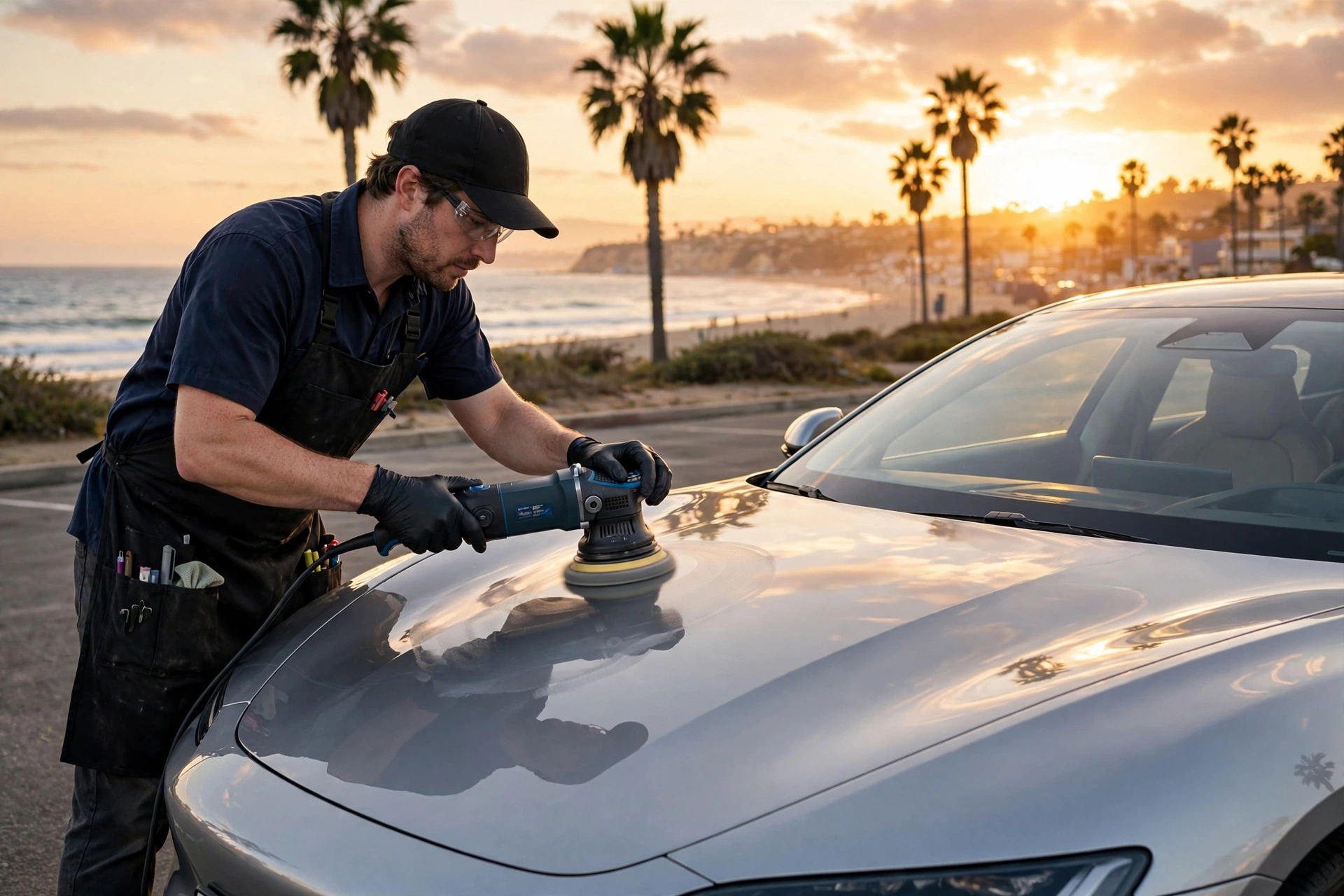 Polishing a silver sedan at sunset in Santa Monica with the ocean behind