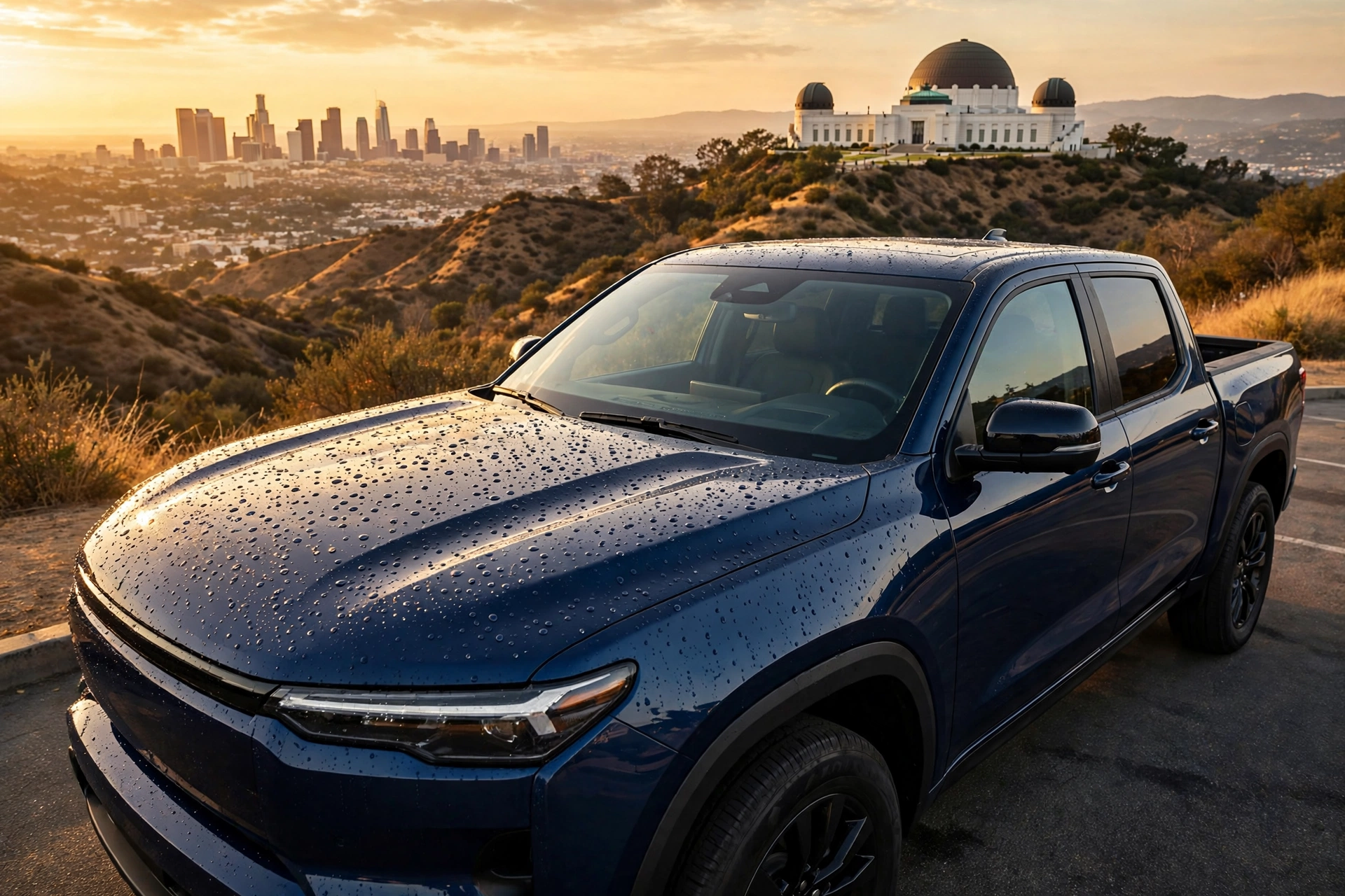 Freshly detailed pickup truck shining above the Los Angeles skyline at golden hour