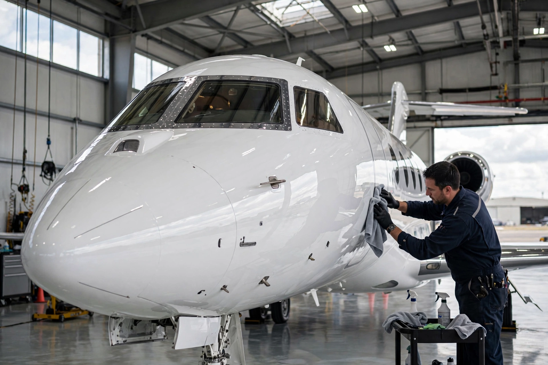 Private jet being detailed inside a bright hangar in Los Angeles