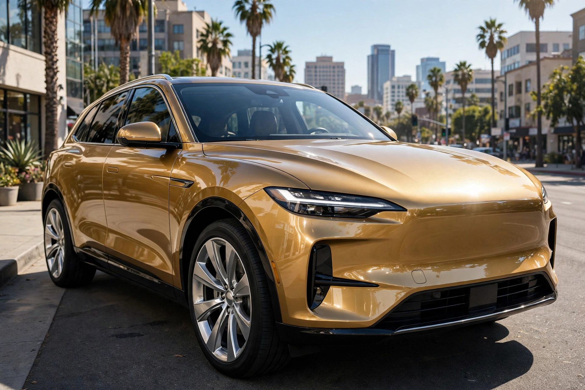 Gold SUV gleaming after a full detail under Los Angeles palm trees — illustrative example