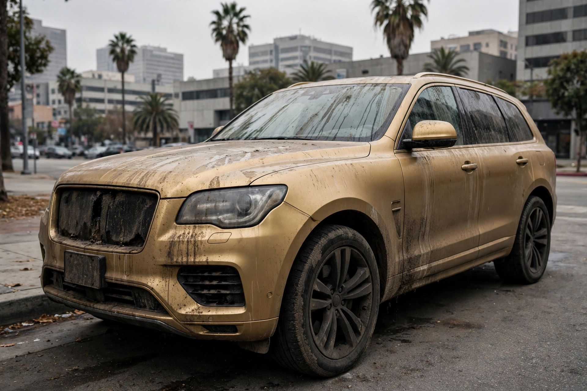 Gold SUV in Los Angeles covered in dust and brake-dust film before detailing — illustrative example