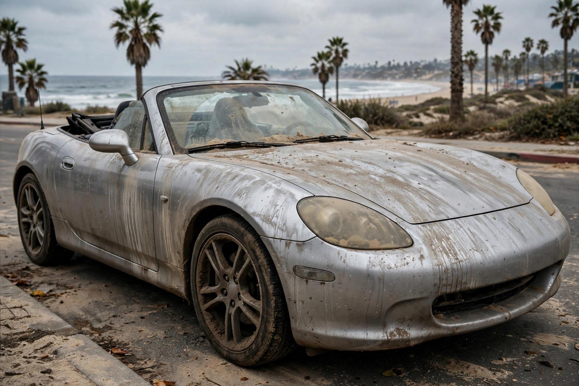 El mismo estilo de convertible plateado cubierto de polvo y arena antes del detallado