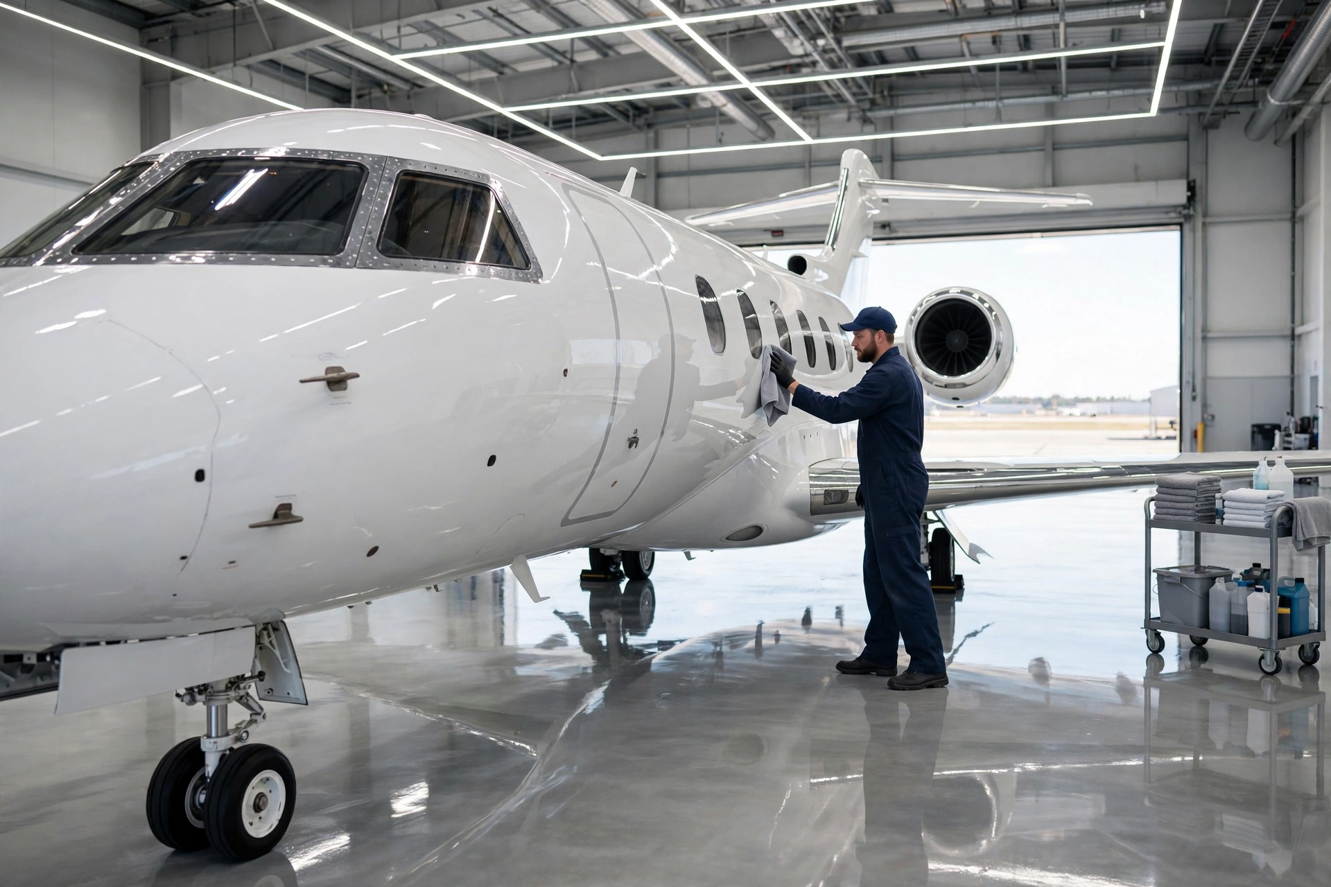 Avión privado blanco siendo limpiado a mano dentro de un hangar reluciente
