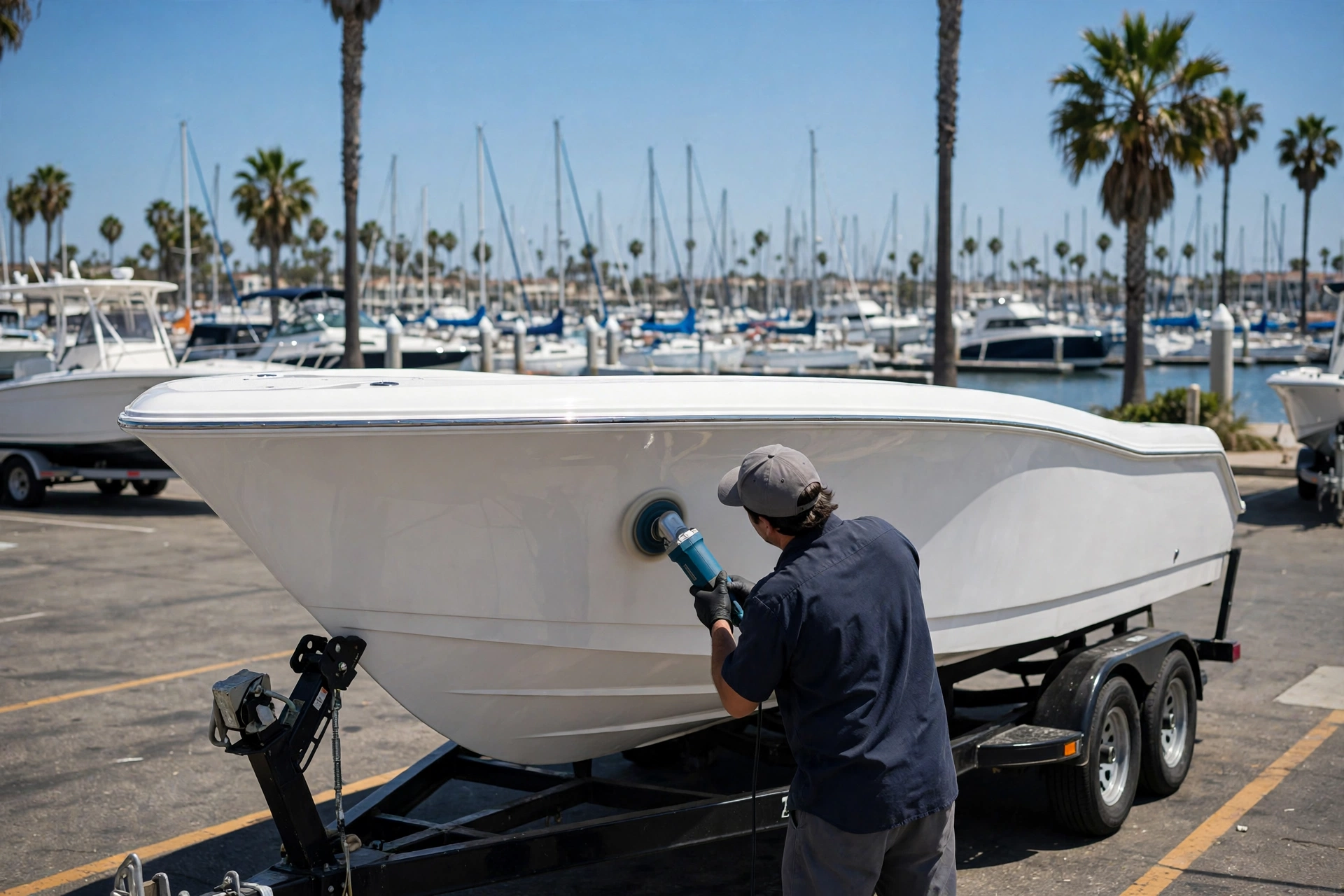 Bote blanco sobre remolque siendo pulido en una marina con palmeras cerca de Long Beach