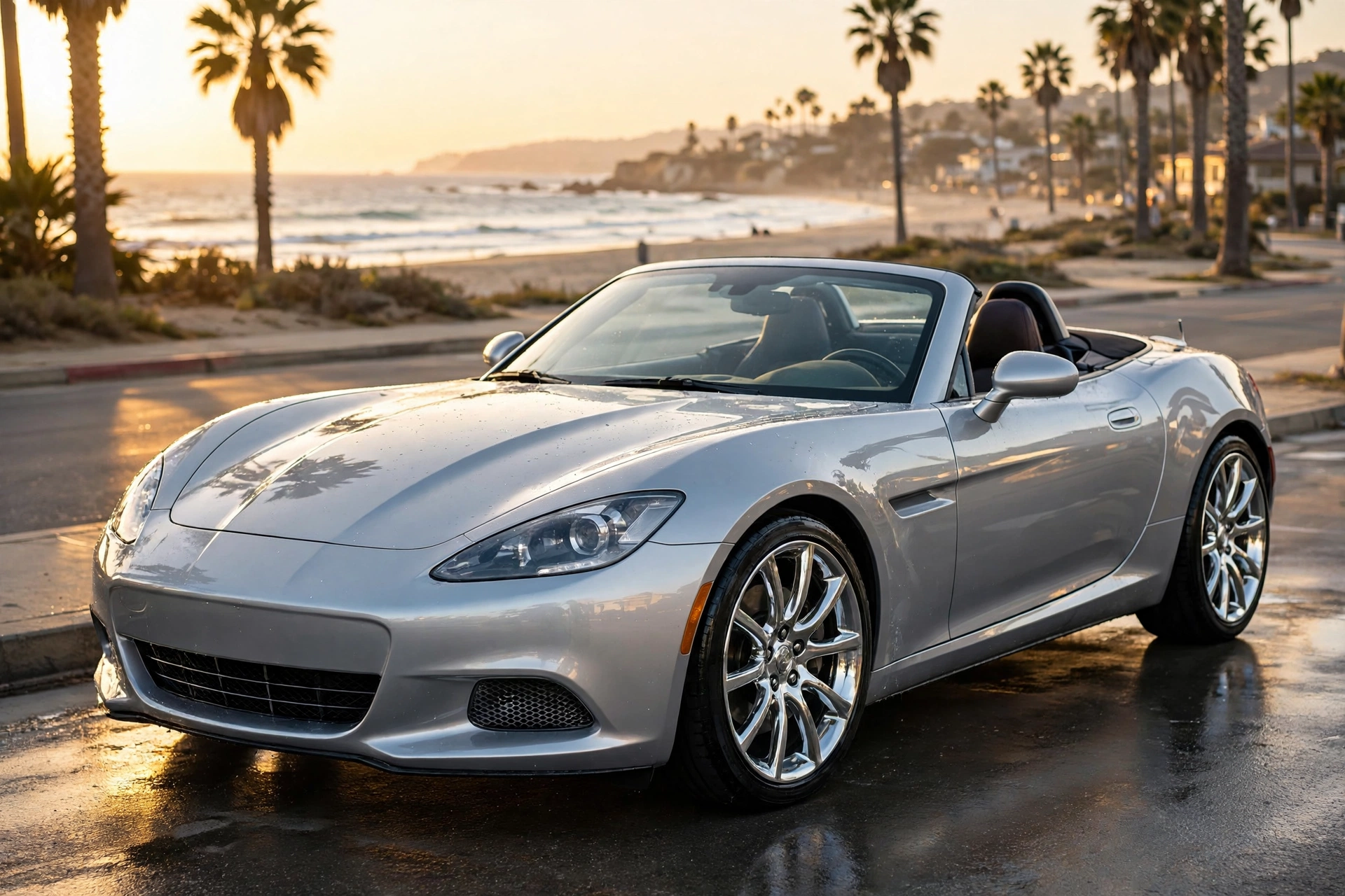 Convertible plateado reluciente después del detallado, frente a la playa al atardecer