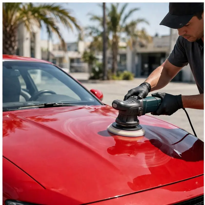 Técnico puliendo el cofre de un cupé rojo con pulidora orbital bajo las palmeras