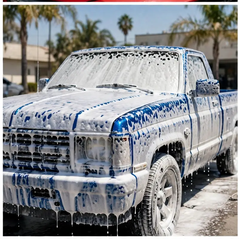 Camioneta azul cubierta de espuma blanca durante el lavado a mano