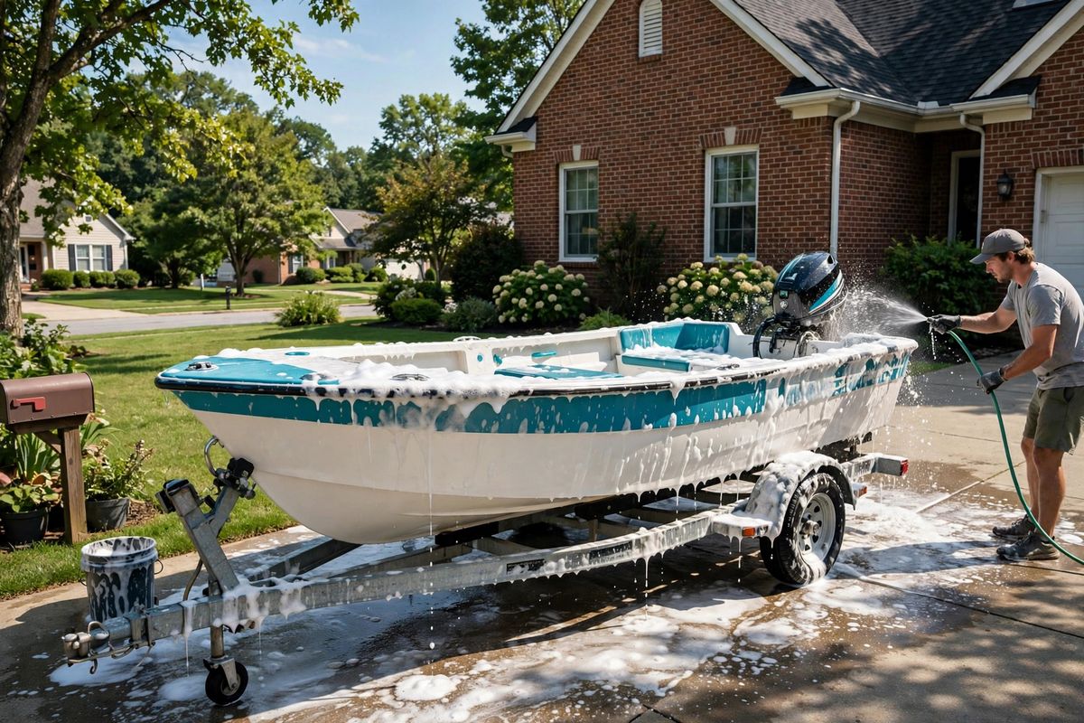 Small fishing boat on a trailer being washed in a Nashville area home driveway