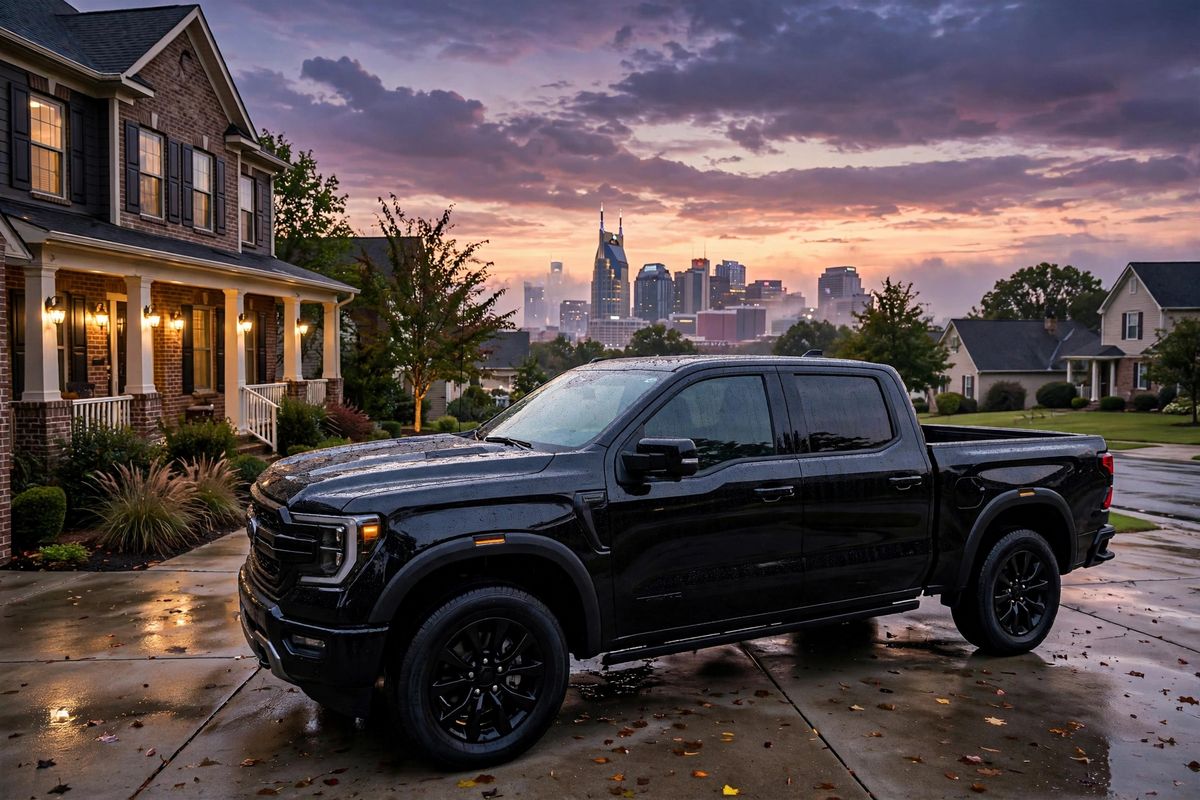 Black pickup truck glowing at dusk in a Nashville driveway with the skyline behind