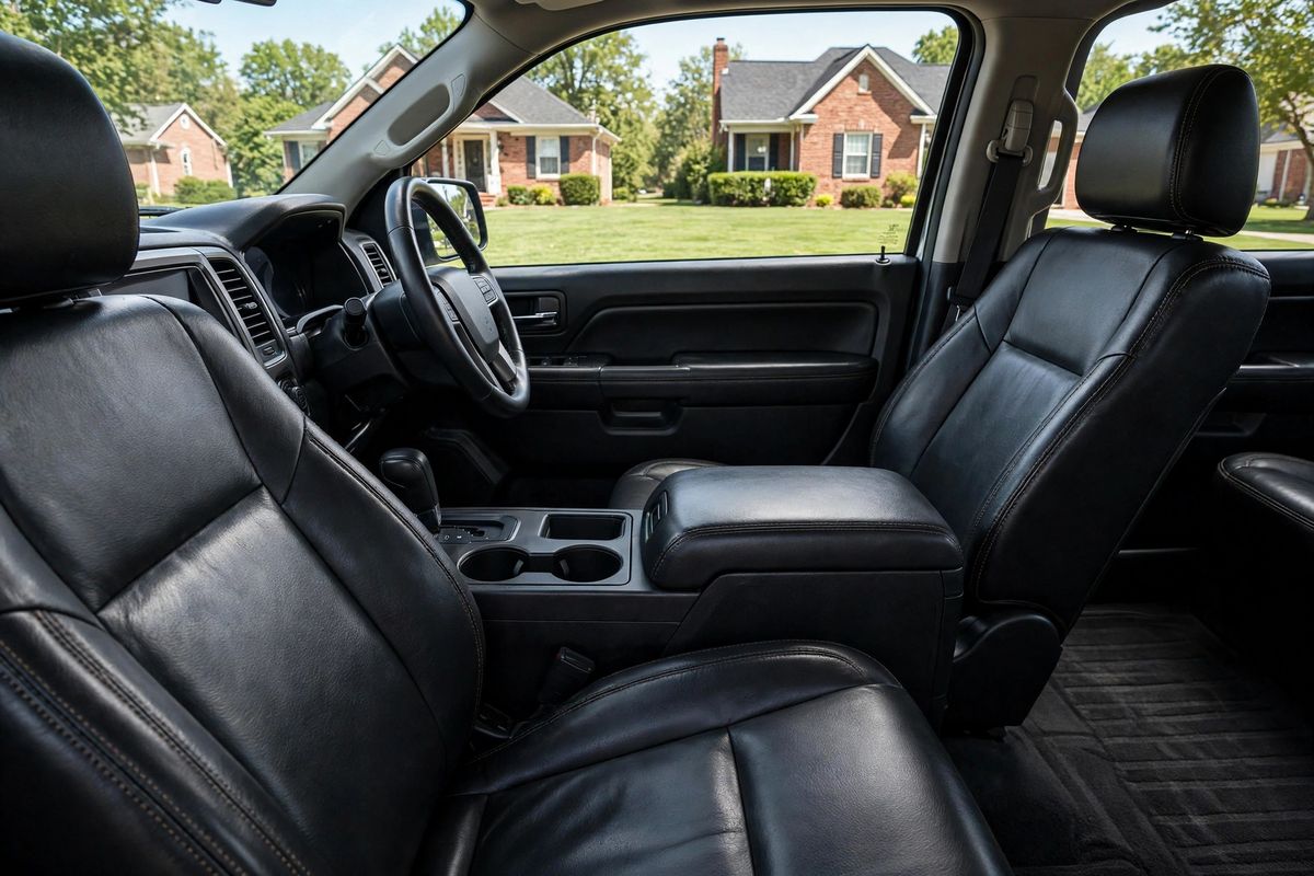 Spotless detailed pickup truck interior with conditioned black leather seats