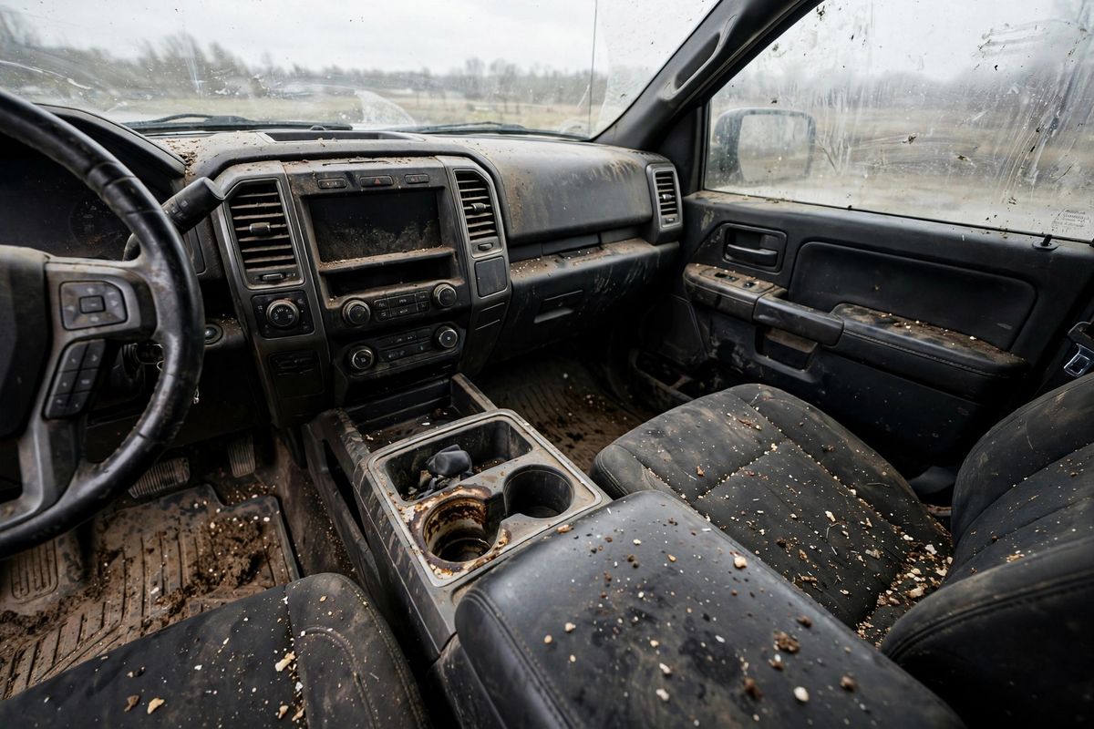 Dirty pickup truck interior with dusty dashboard and muddy mats before detailing