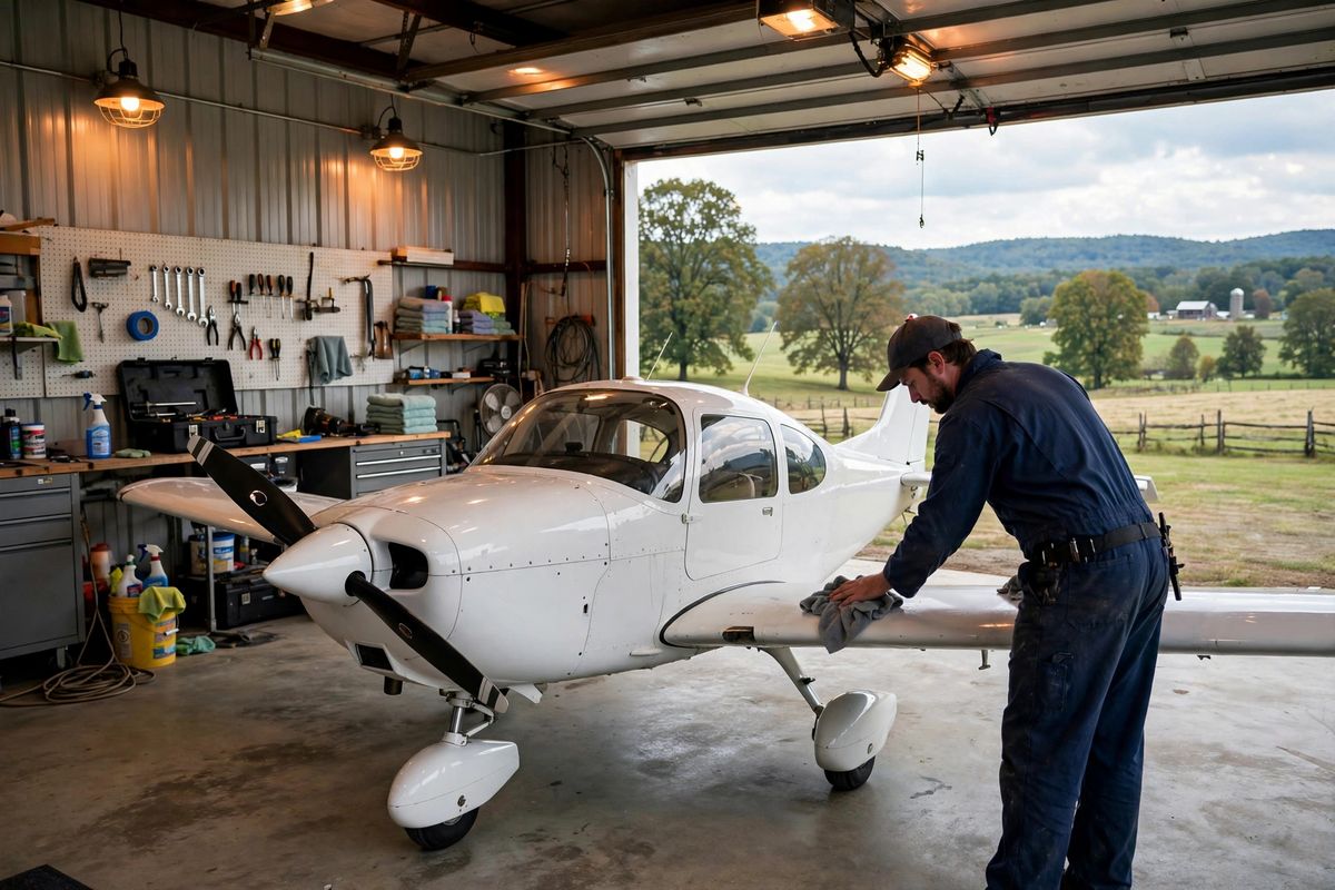 Small personal propeller airplane being polished inside a private home hangar in Tennessee