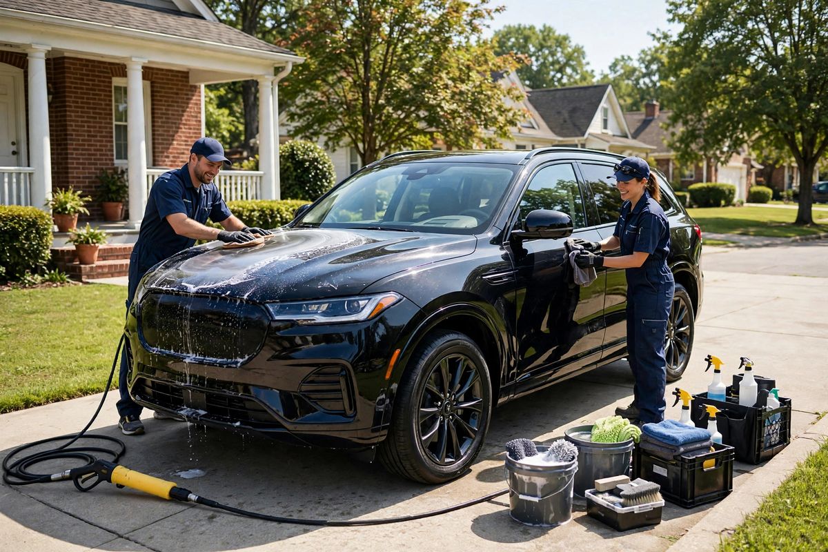 ShinePro mobile detailing team polishing an SUV in a Nashville Tennessee driveway