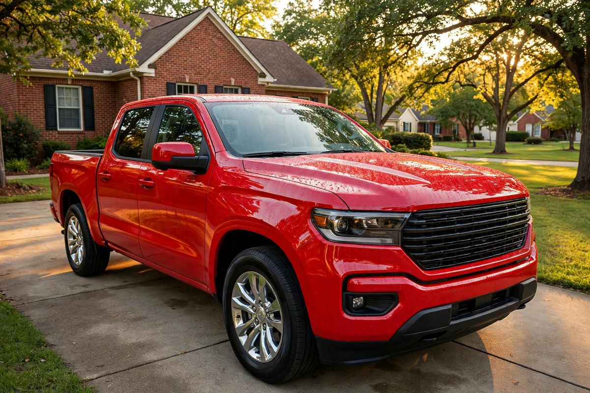 Red pickup truck gleaming after a full detail in a Nashville driveway