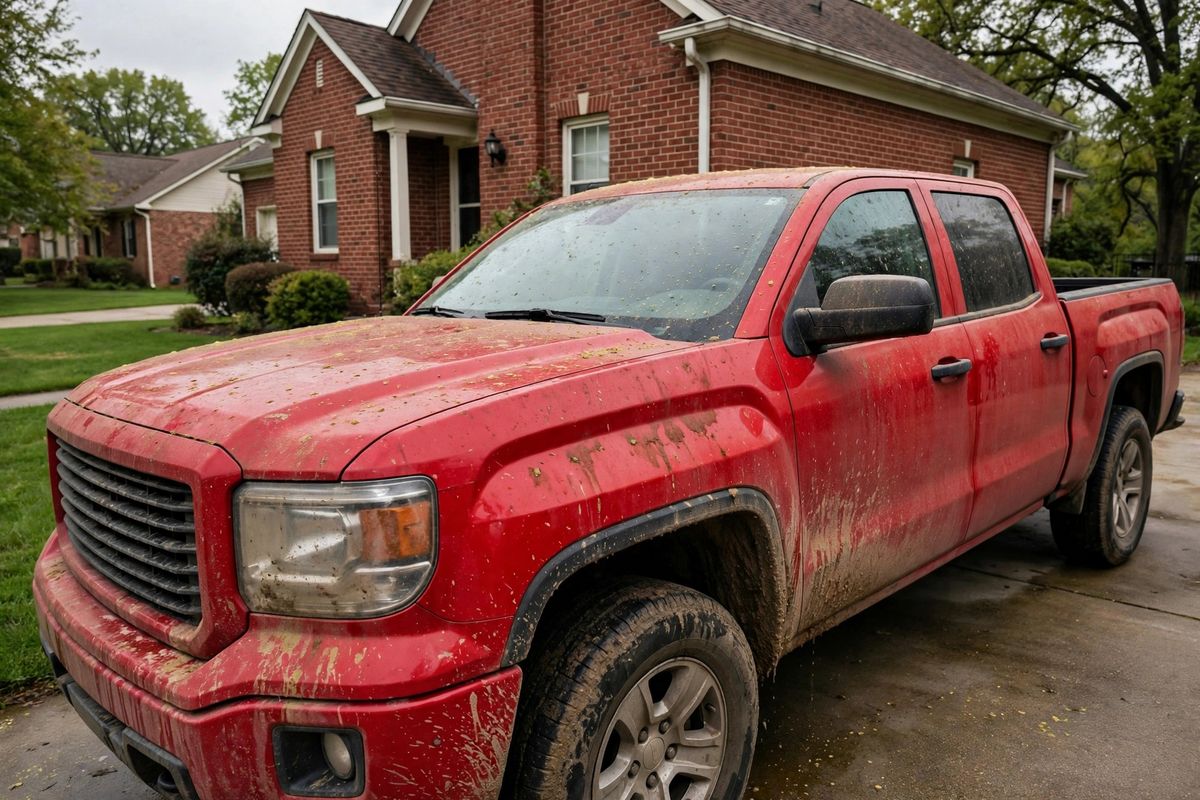 Same style red pickup truck covered in mud and pollen before detailing