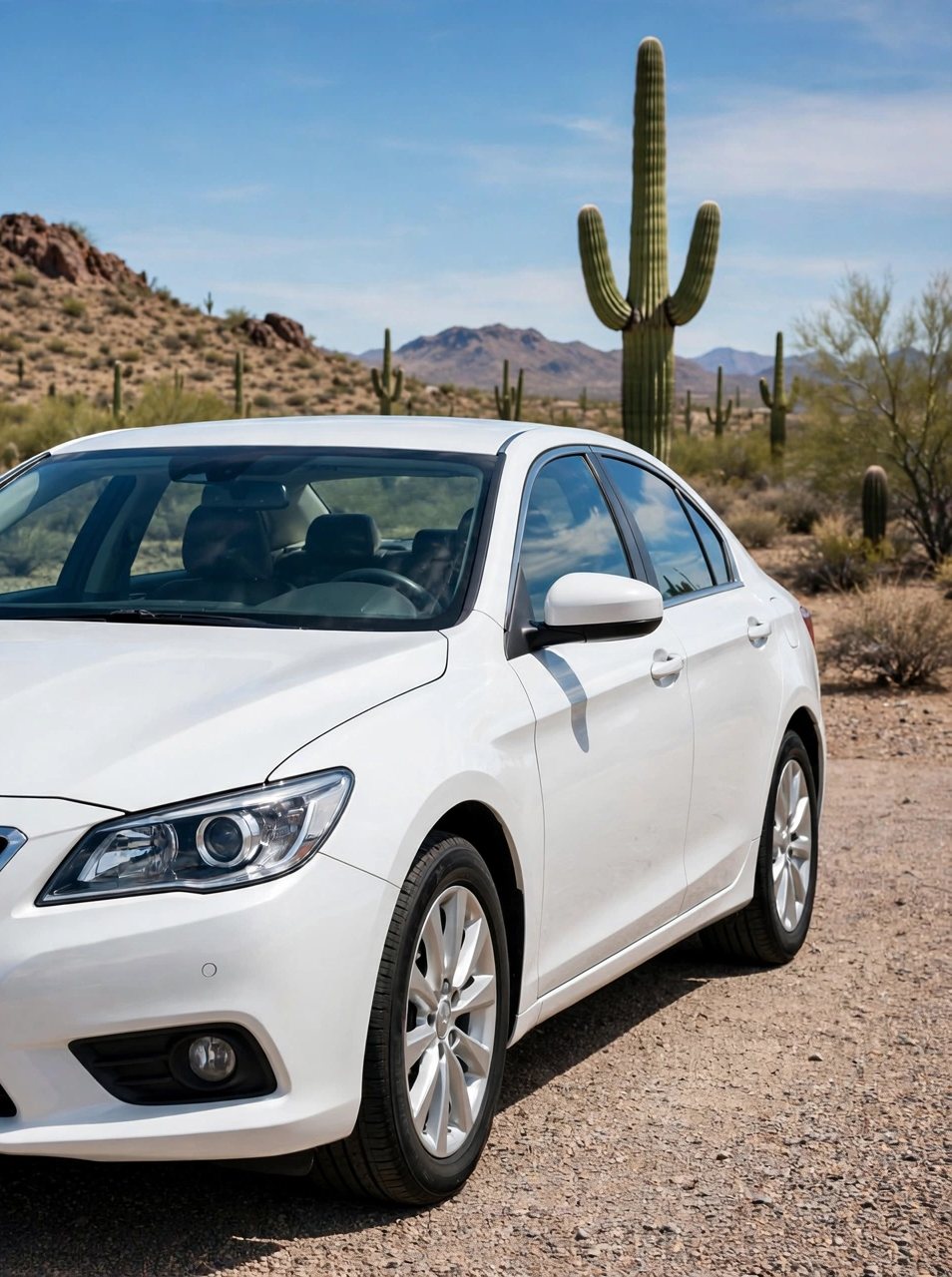 The same white sedan gleaming after a full detail — illustrative example