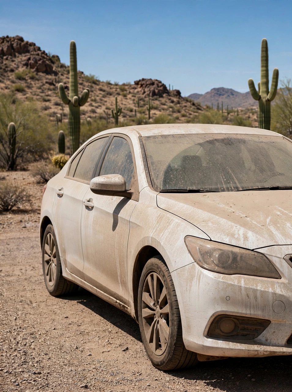 White sedan coated in desert dust before detailing — illustrative example