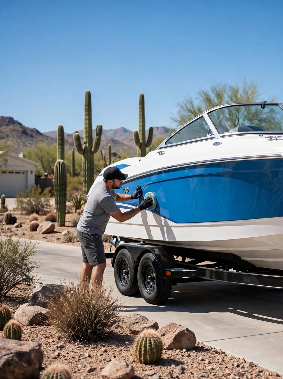 Detailer polishing the hull of a white and blue boat on a trailer in a sunny Phoenix driveway