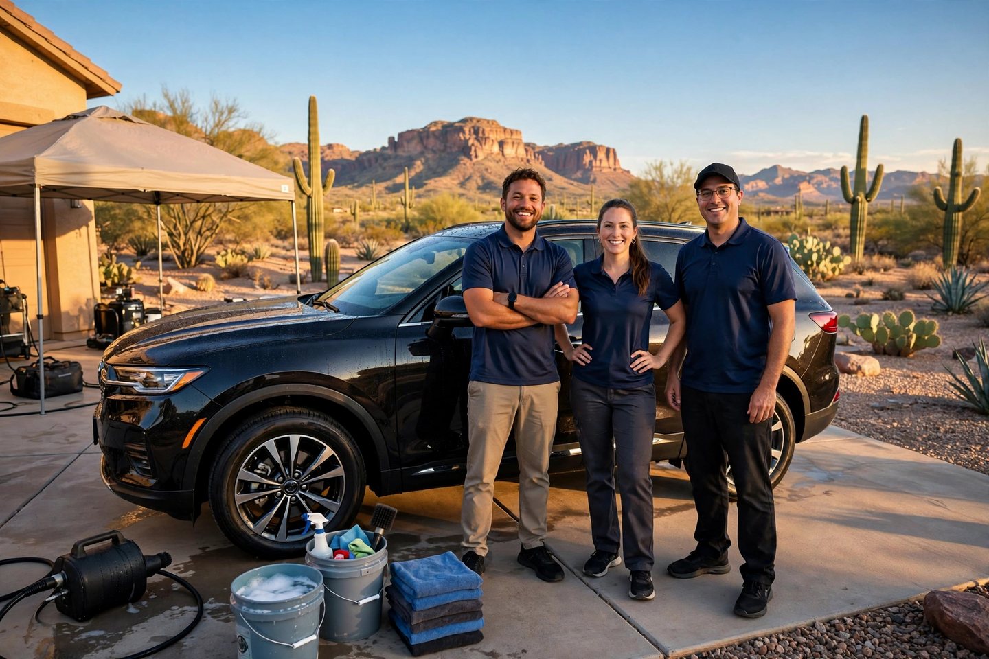 ShinePro mobile detailing team beside a freshly detailed SUV in a Phoenix desert driveway with saguaro cacti and red rock mountains