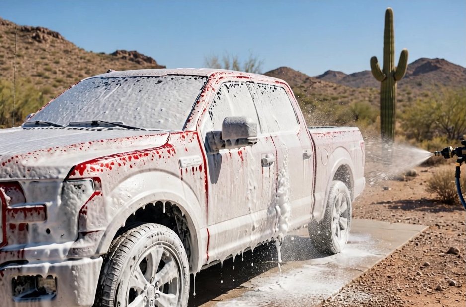 Red pickup truck covered in thick foam during a hand wash in the desert sun