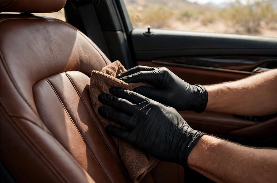 Gloved hands conditioning rich brown leather seats during an interior detail