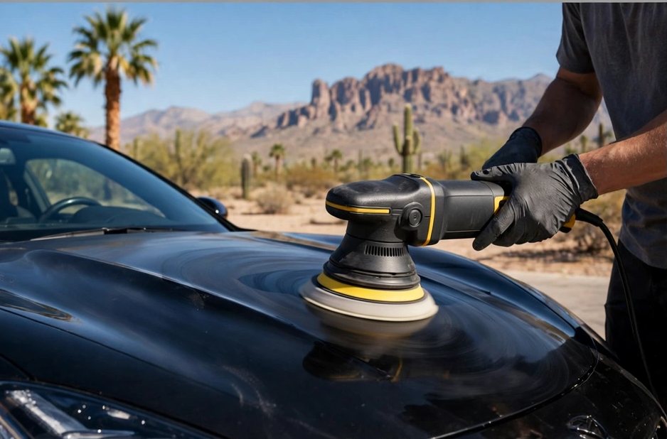 Detailer machine-polishing the hood of a black sports car with desert mountains behind