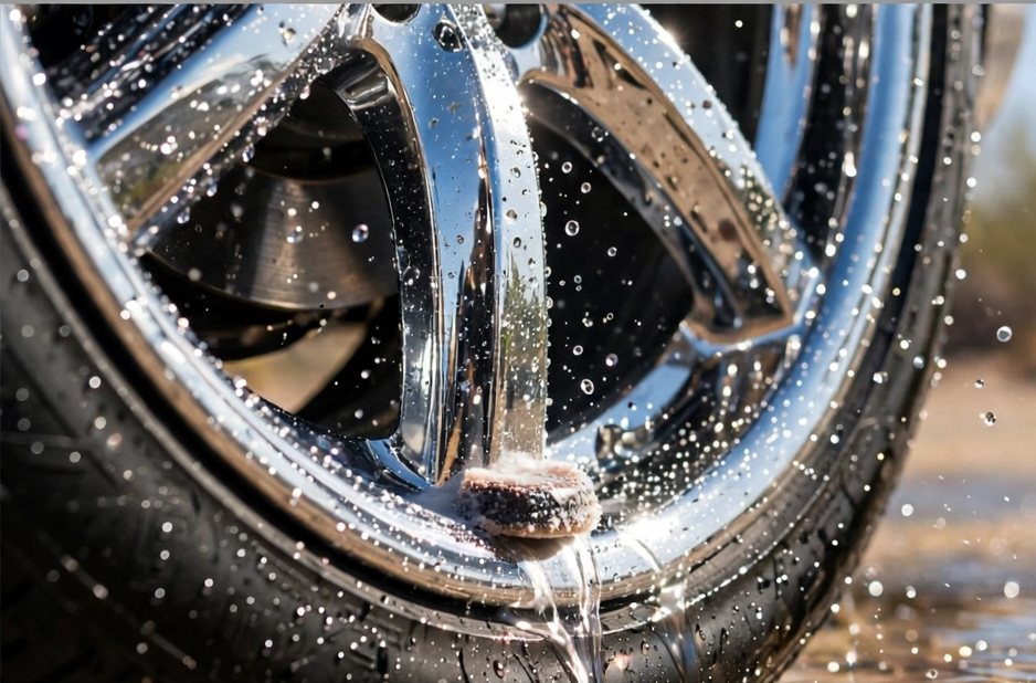 Close-up of a gleaming chrome wheel being rinsed, water droplets sparkling