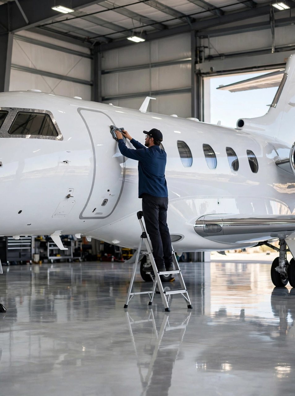 Technician on a step ladder polishing the fuselage of a white private jet inside a hangar