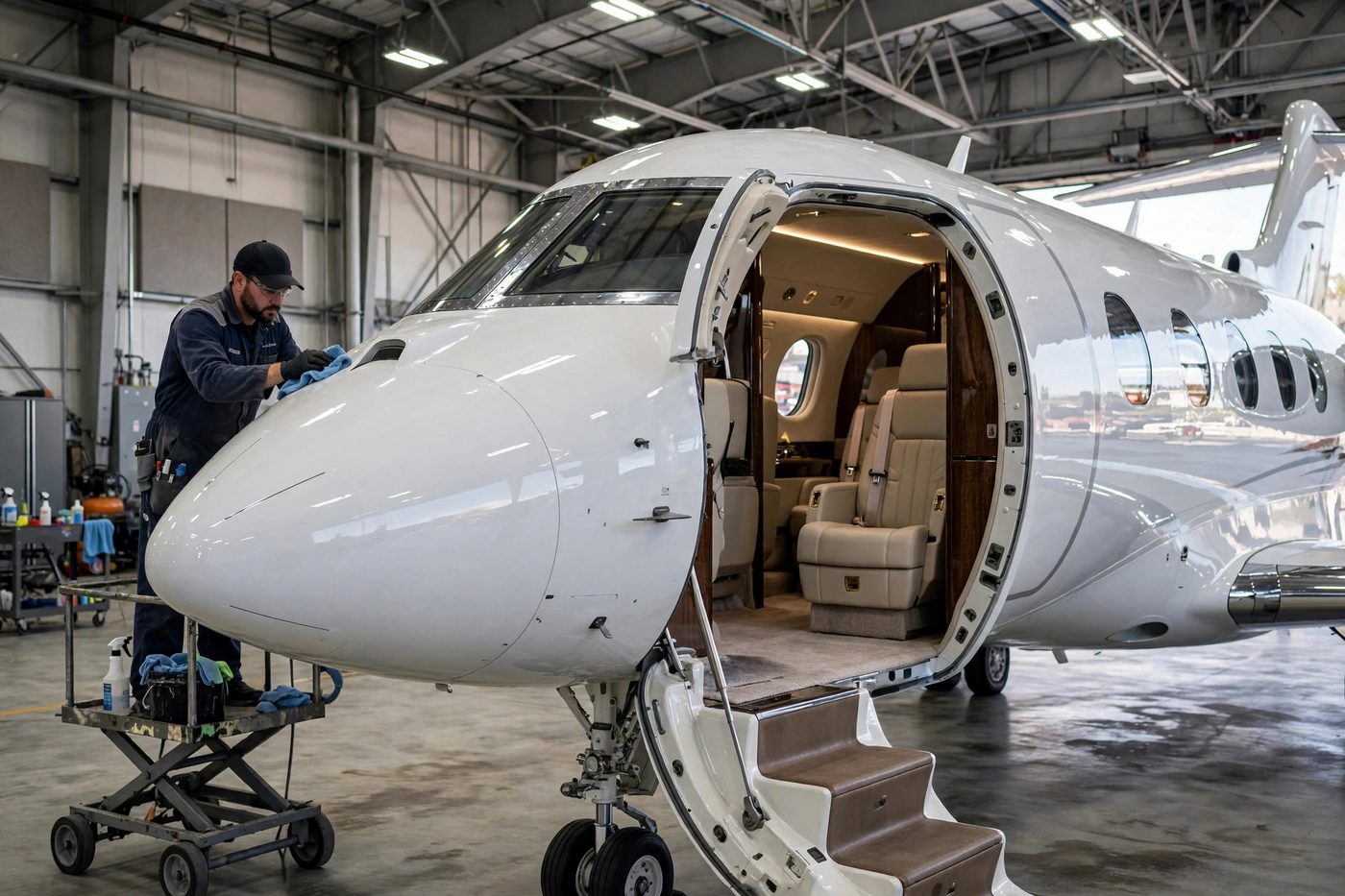 Avión privado blanco en un hangar mientras un técnico pule el frente de la aeronave