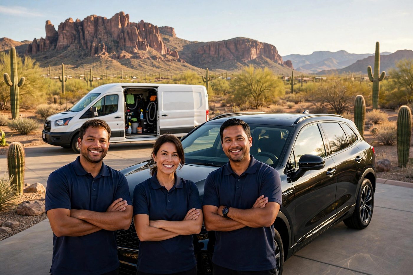 Equipo de detallado móvil de ShinePro junto a un SUV reluciente con montañas rojas y saguaros de Phoenix al fondo
