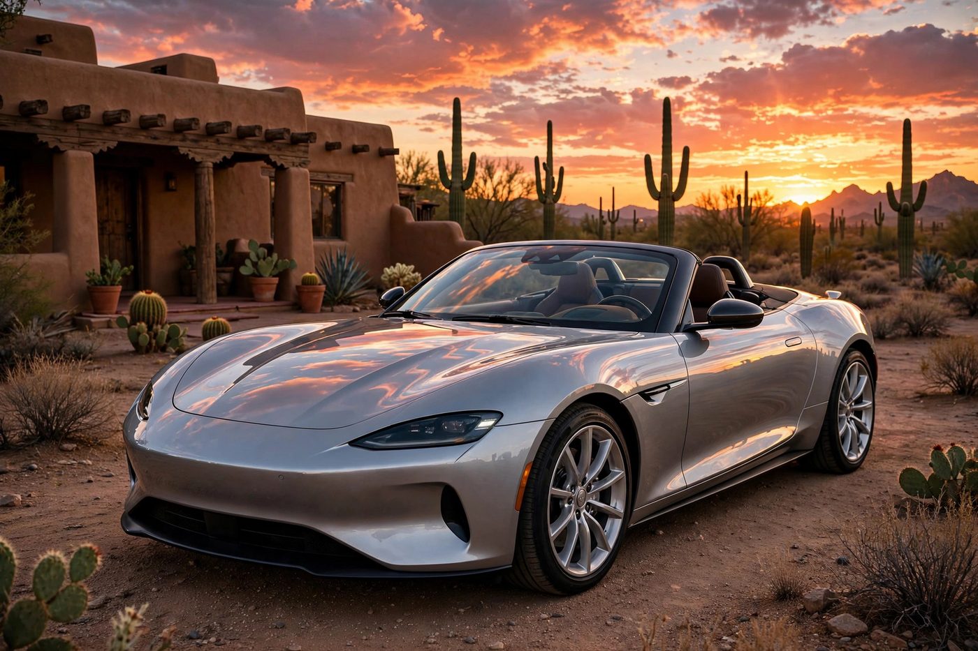 Auto convertible plateado con acabado brillante frente a una casa estilo adobe al atardecer en Scottsdale