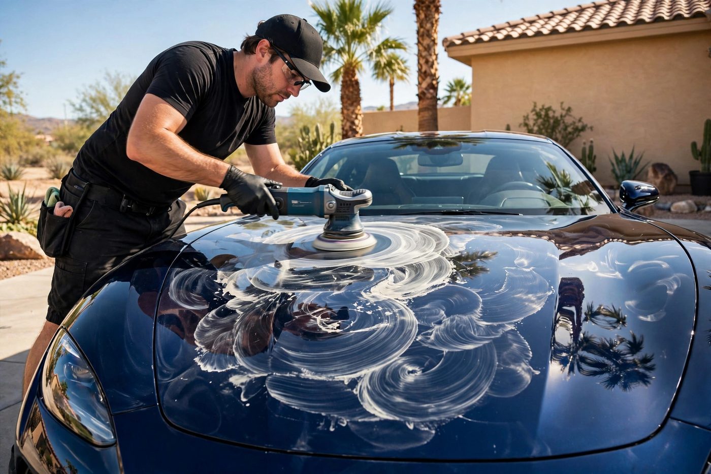Técnico puliendo el capó de un auto deportivo azul oscuro con pulidora orbital bajo el sol