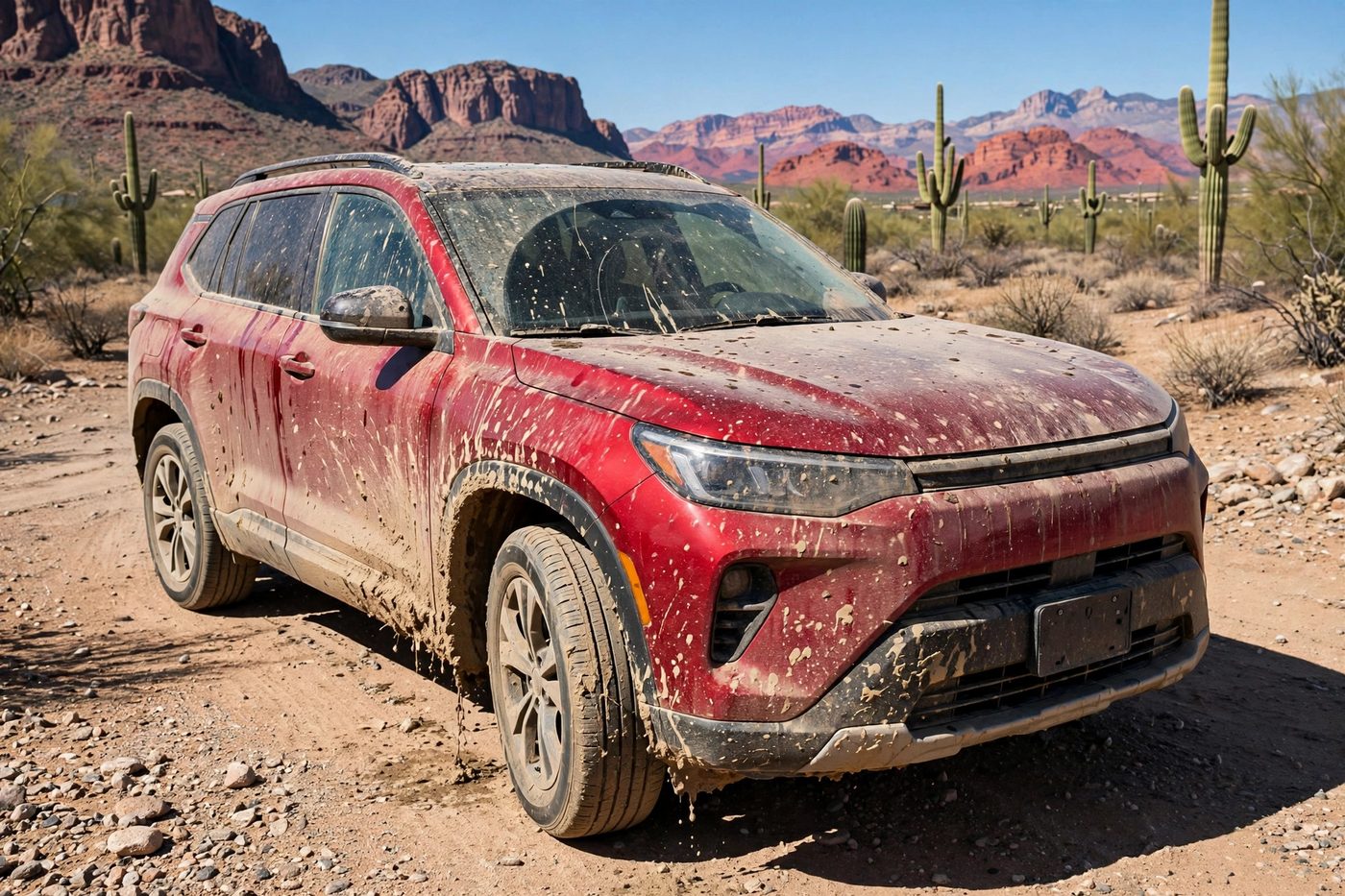 SUV rojo cubierto de polvo y lodo del desierto antes del detallado