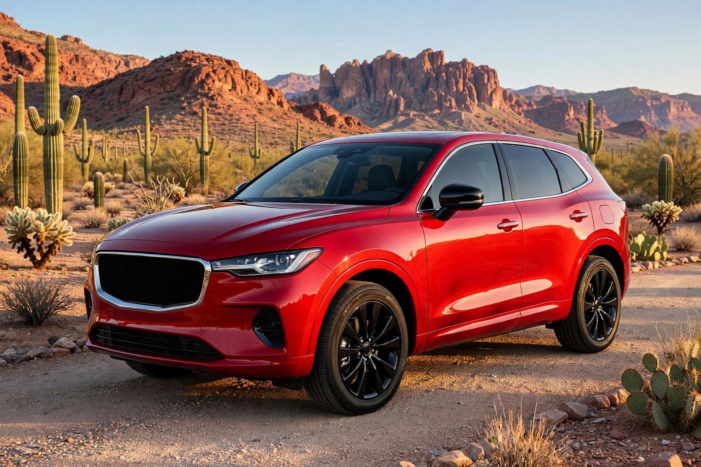 SUV rojo reluciente y pulido después del detallado, con saguaros y montañas rojas al fondo
