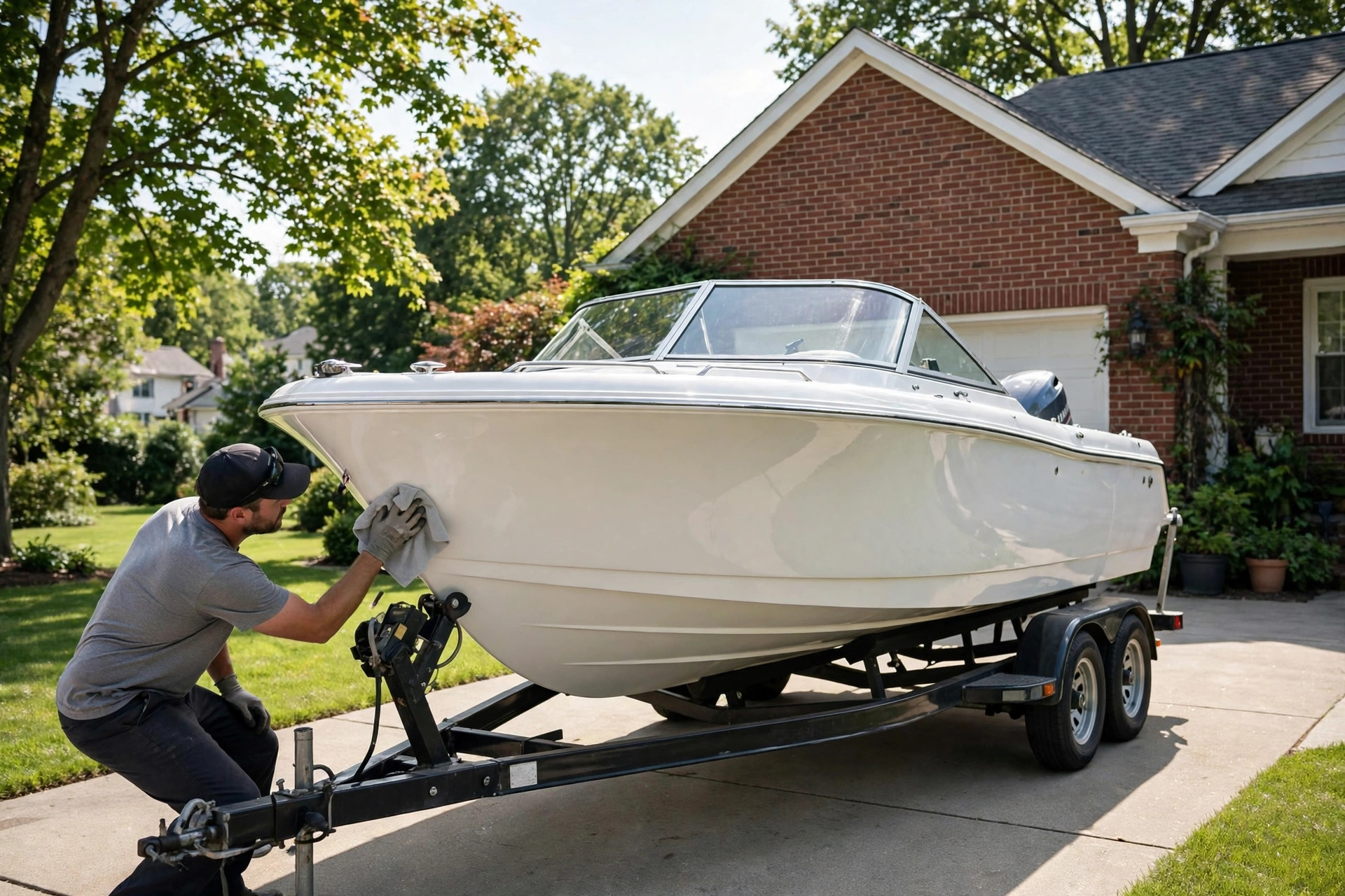 White motorboat on a home trailer being polished in a suburban driveway
