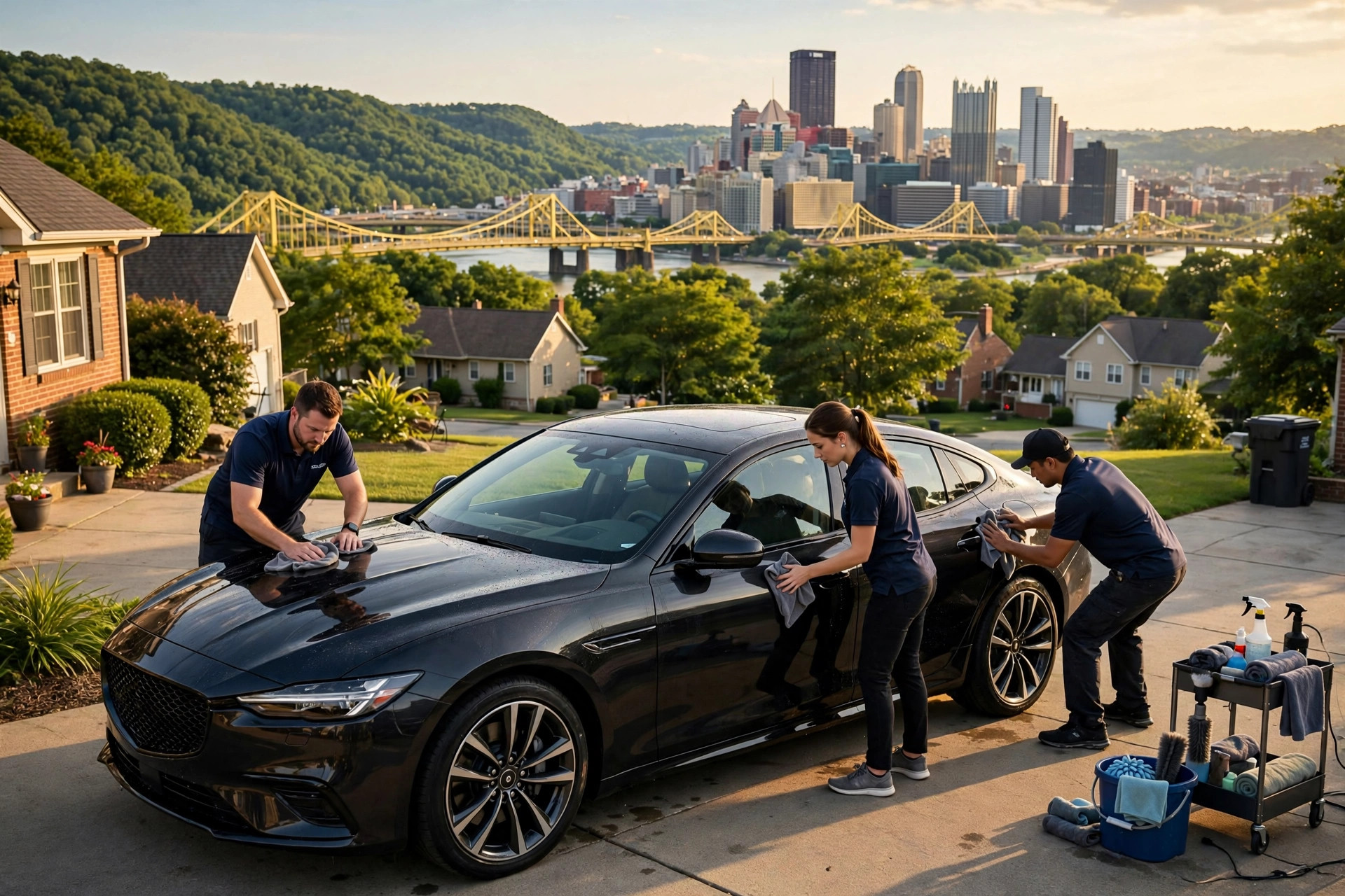 ShinePro detailing team polishing a sedan with the Pittsburgh skyline and yellow bridges behind them