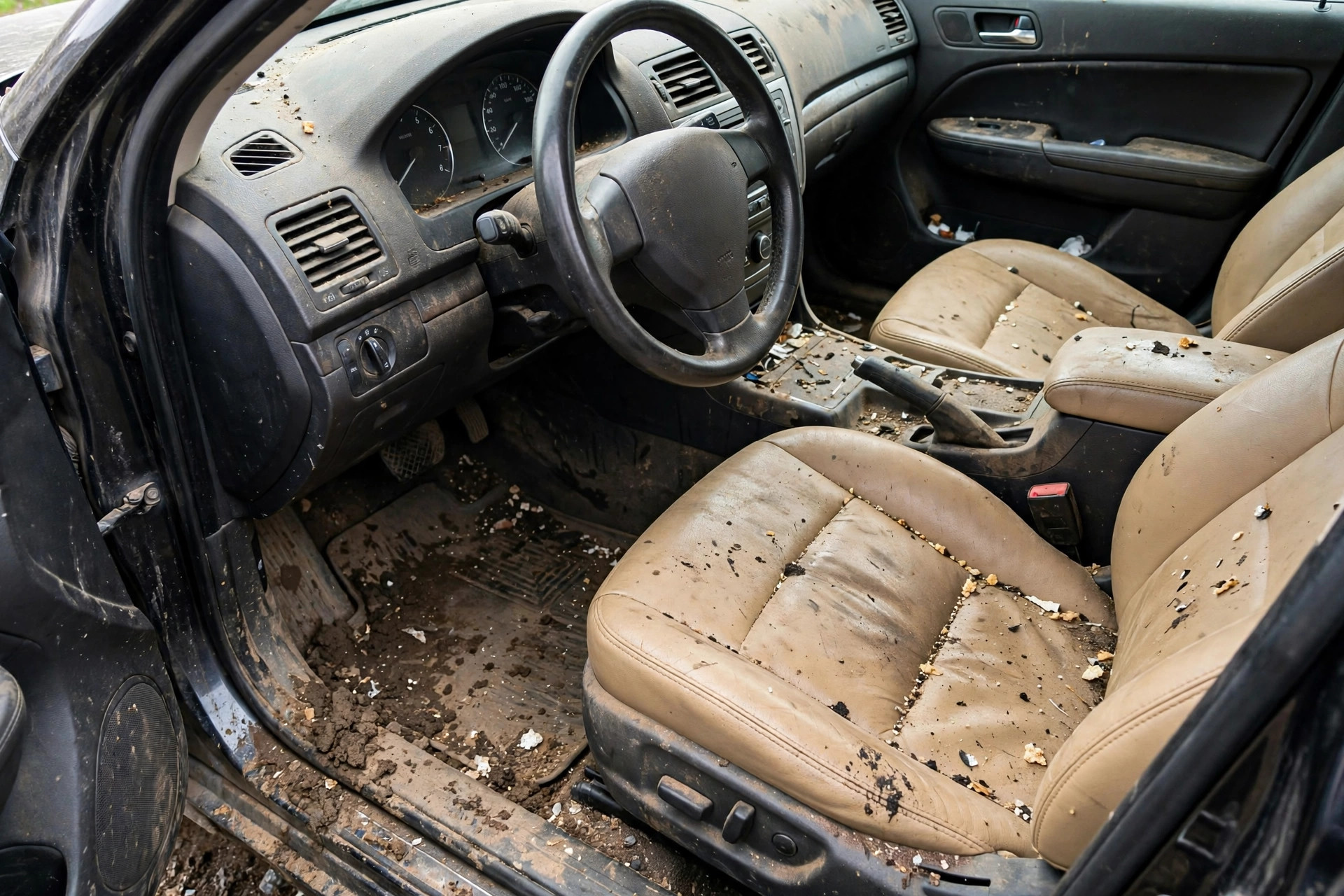 Car interior before detailing — stained seats, crumbs and dust
