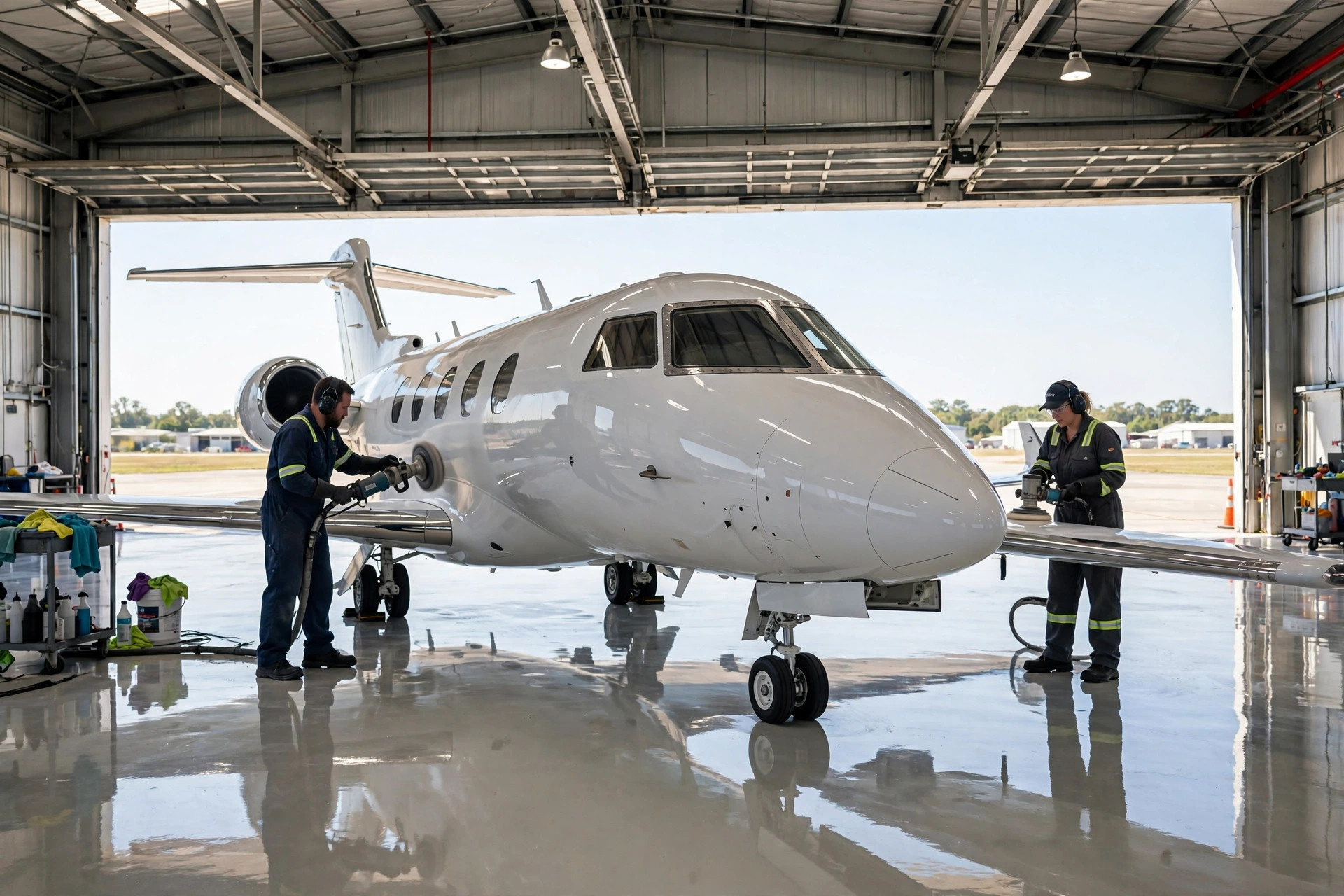 Private jet being detailed inside a bright hangar