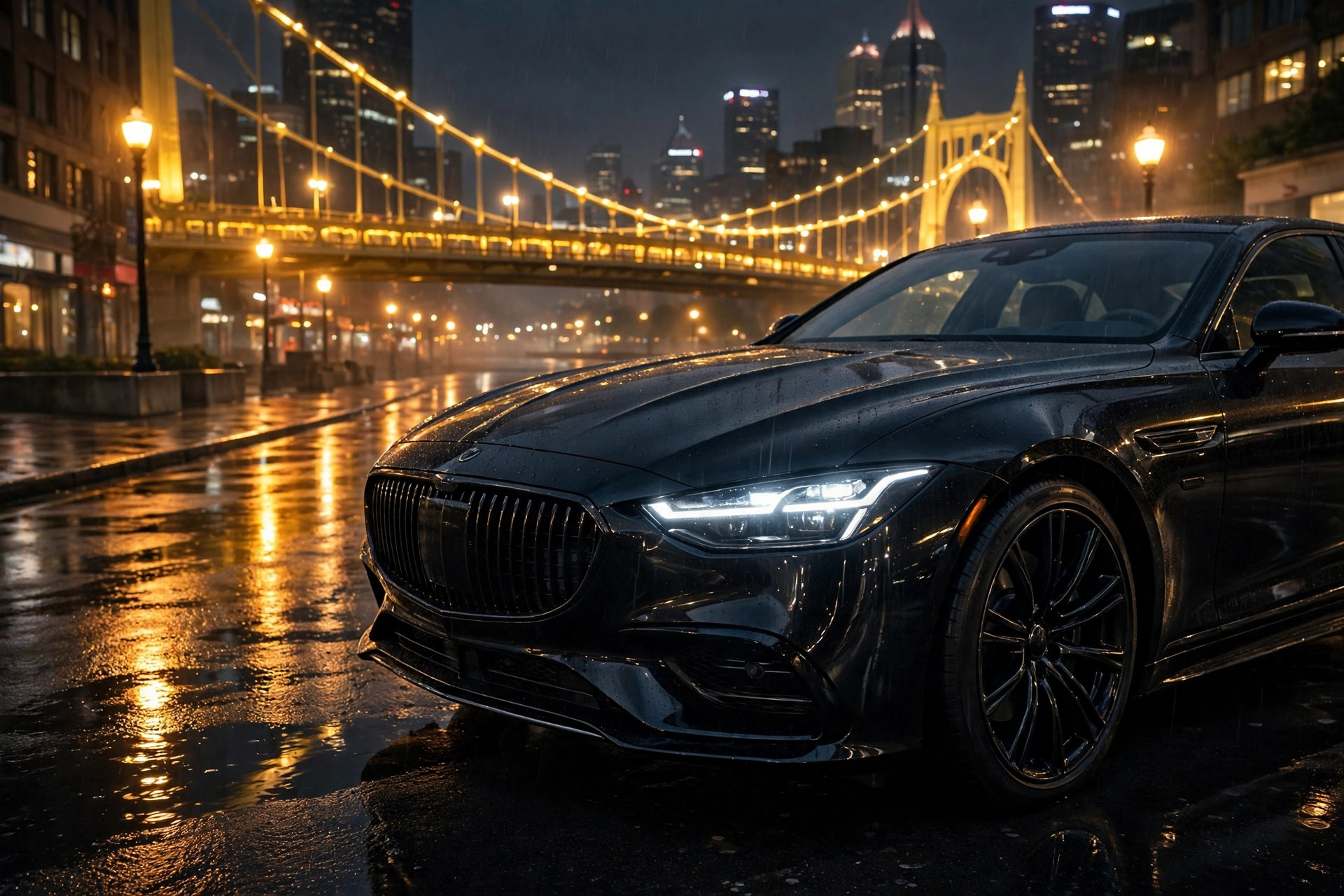 Gleaming black car at night on a wet Pittsburgh street with golden bridge lights
