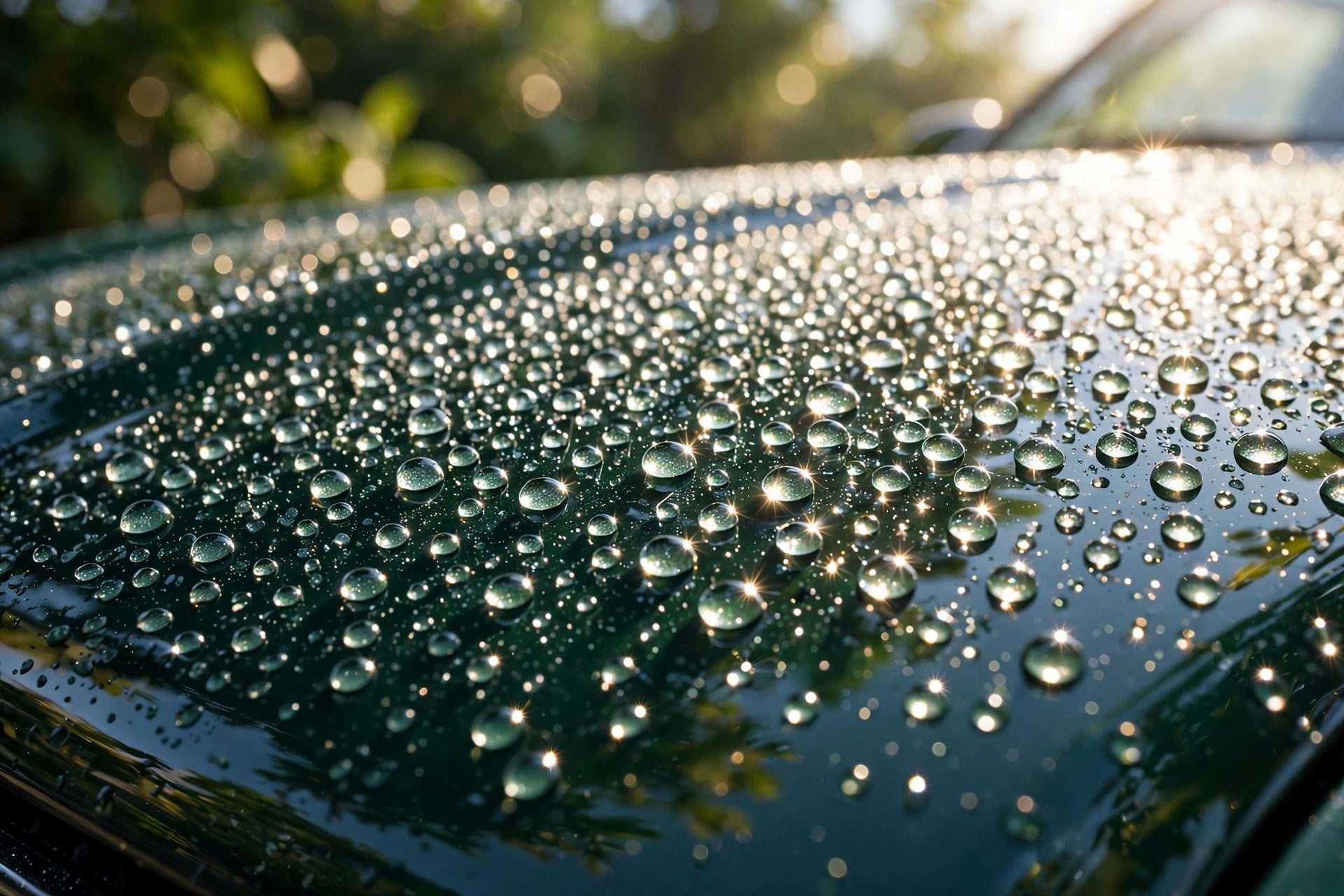 Water beading on a freshly waxed dark green hood