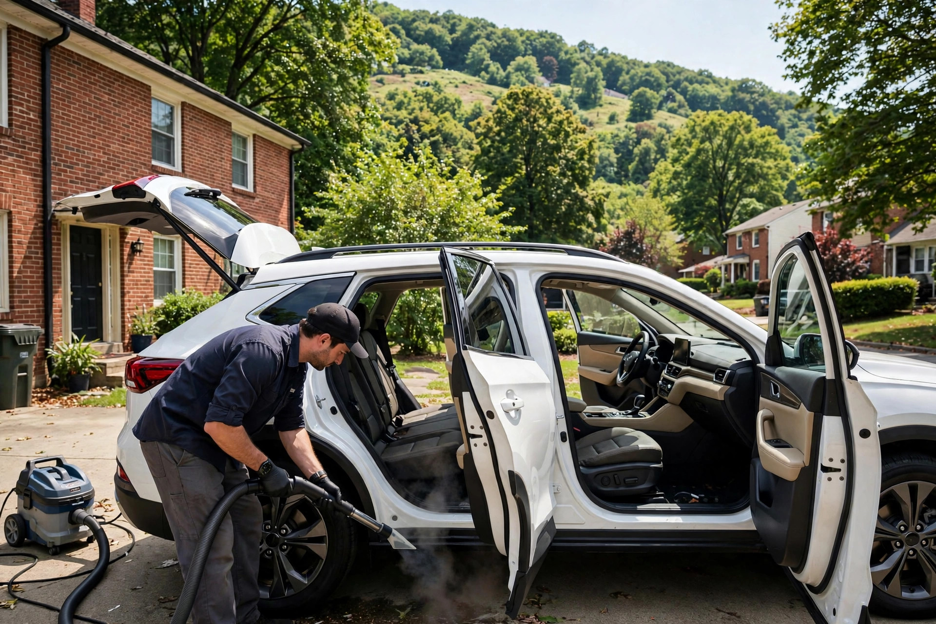 Technician deep-cleaning the interior of a white SUV in a driveway