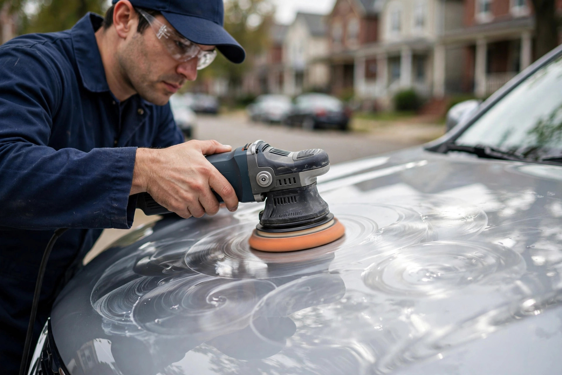 Technician machine-polishing the hood of a silver SUV