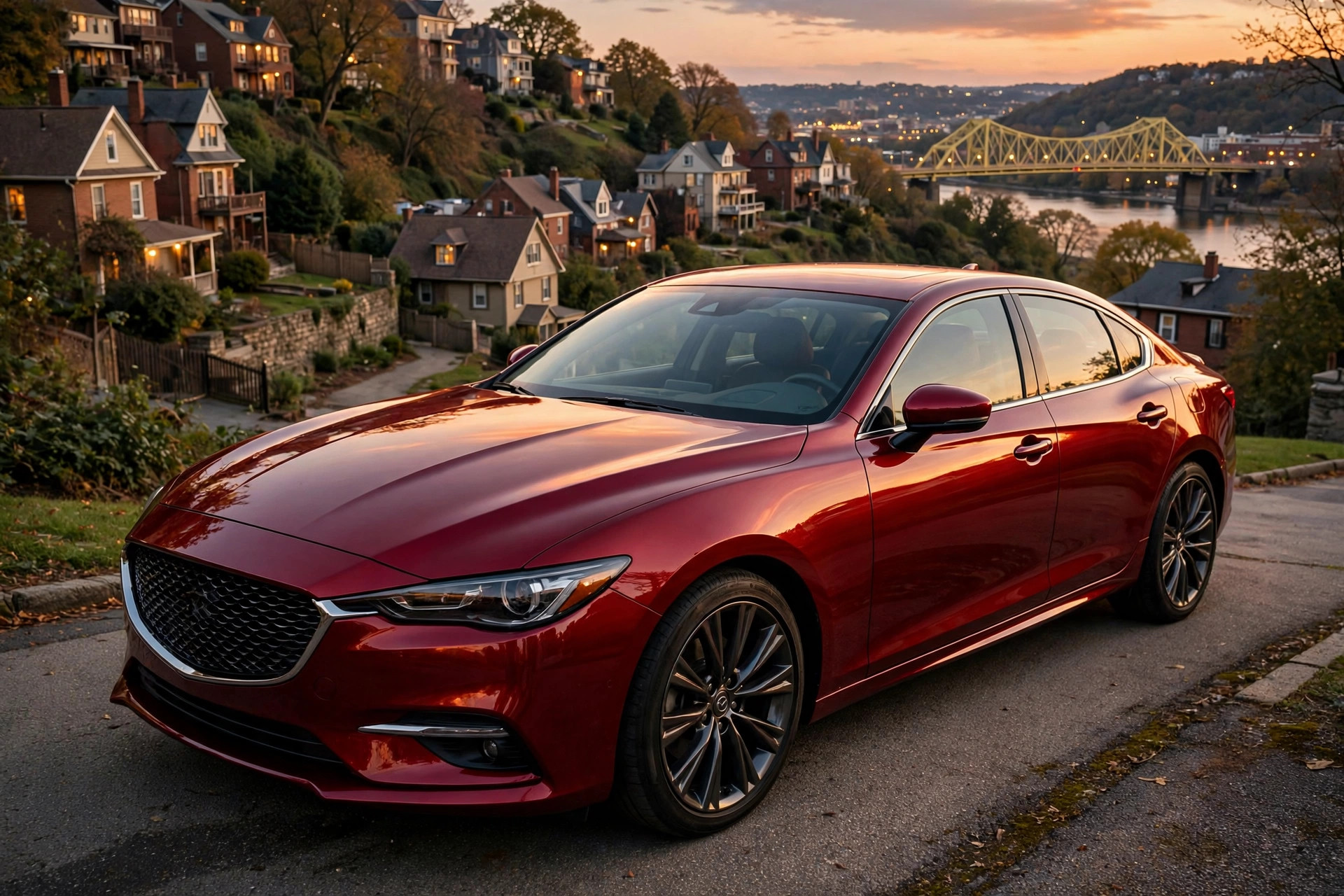 Detailed red sedan gleaming at dusk with Pittsburgh hills behind