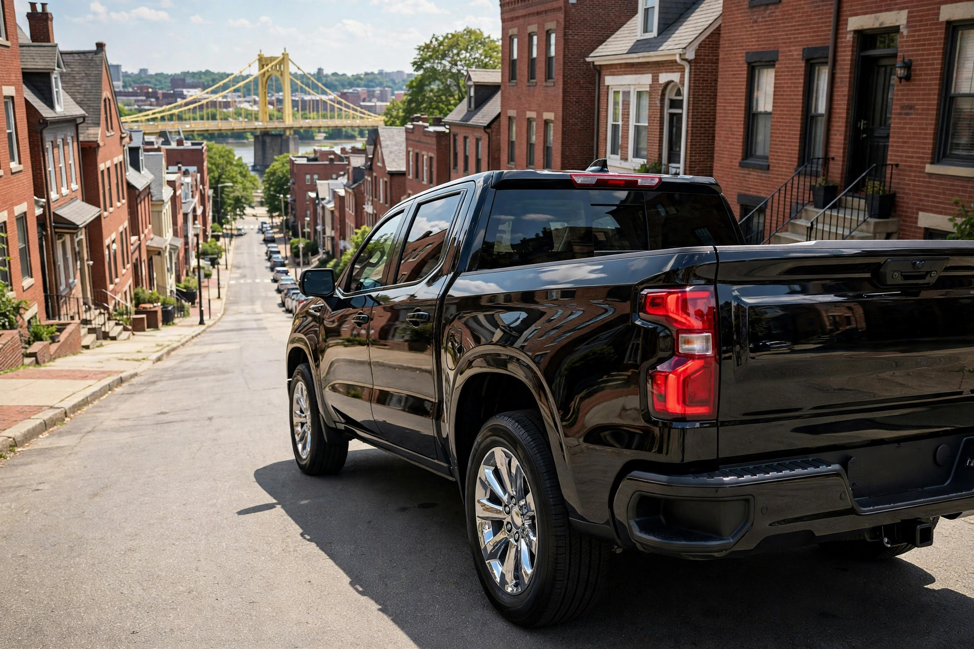 Black pickup truck after detailing, mirror-shine paint on a Pittsburgh hill street