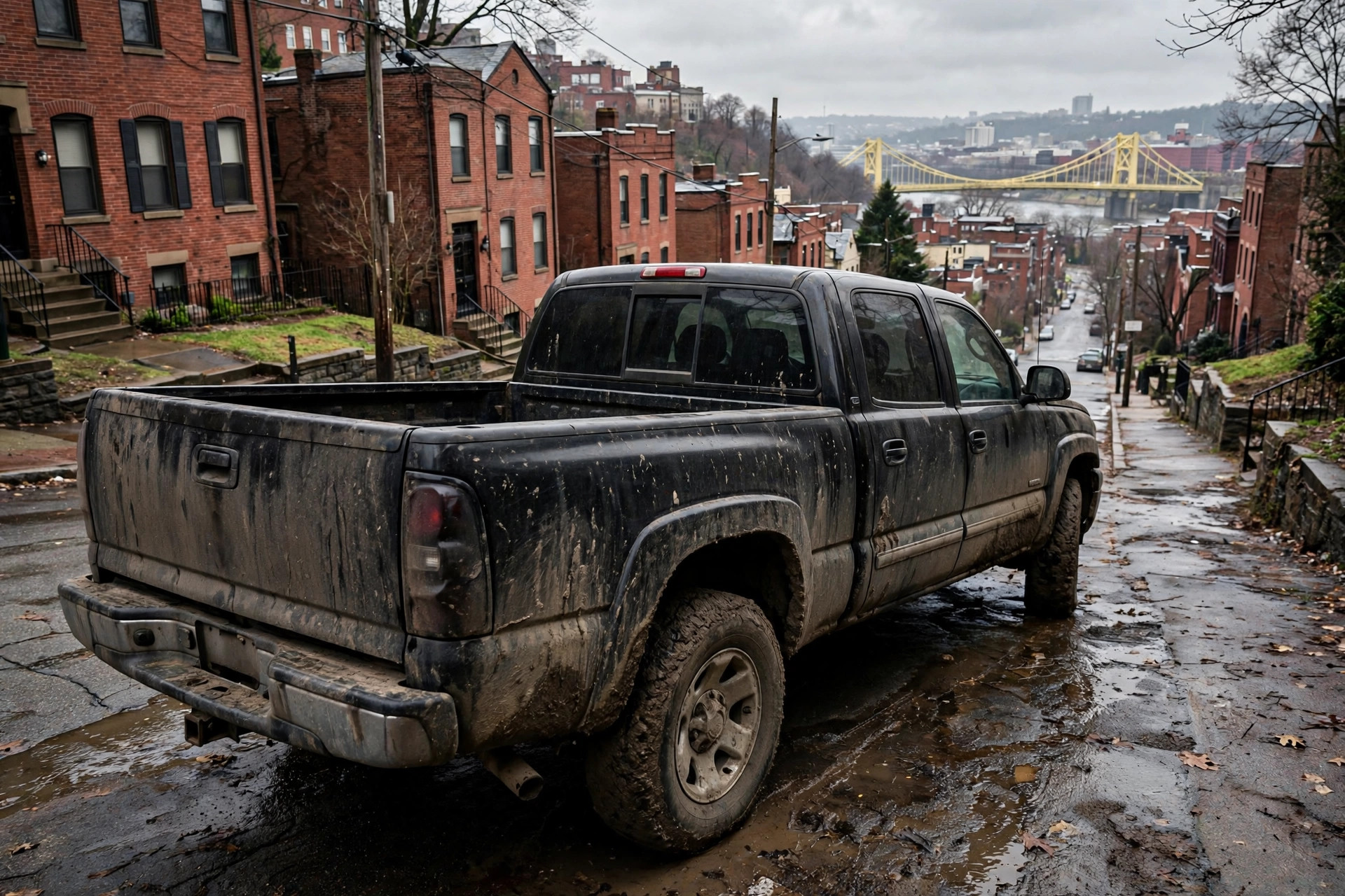 Black pickup truck before detailing, mud-covered on a steep Pittsburgh street