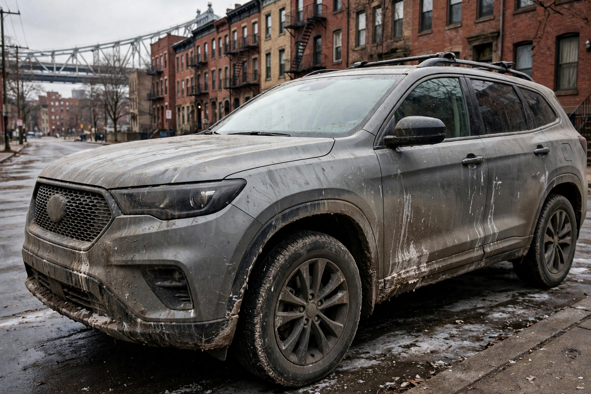 La misma SUV gris antes del detallado, cubierta de suciedad y sal de la calle