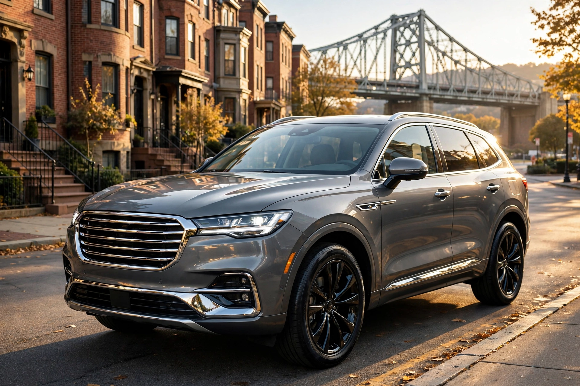 SUV gris reluciente después del detallado, frente a casas de ladrillo y un puente de acero en Pittsburgh