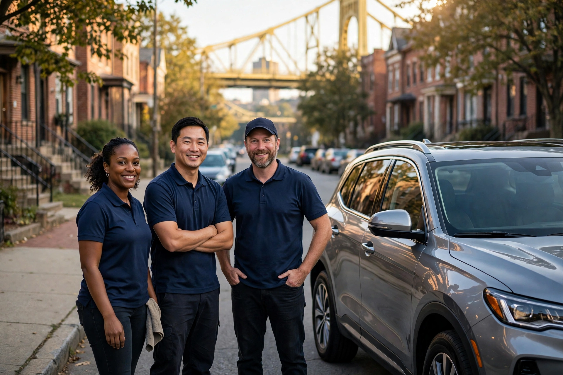 Equipo de detallado móvil junto a una SUV gris reluciente en una calle de Pittsburgh con un puente amarillo al fondo