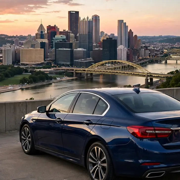 Sedán azul reluciente con la vista del centro de Pittsburgh y sus ríos al atardecer