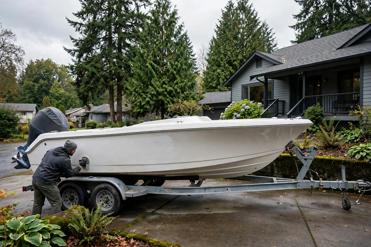 White motorboat on a home trailer being detailed in a Portland driveway